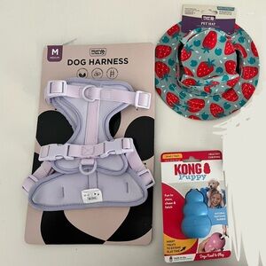 NWT Dog bundle Heart to Tail Lavender Dog Harness M, Strawberry Hat, Blue Kong